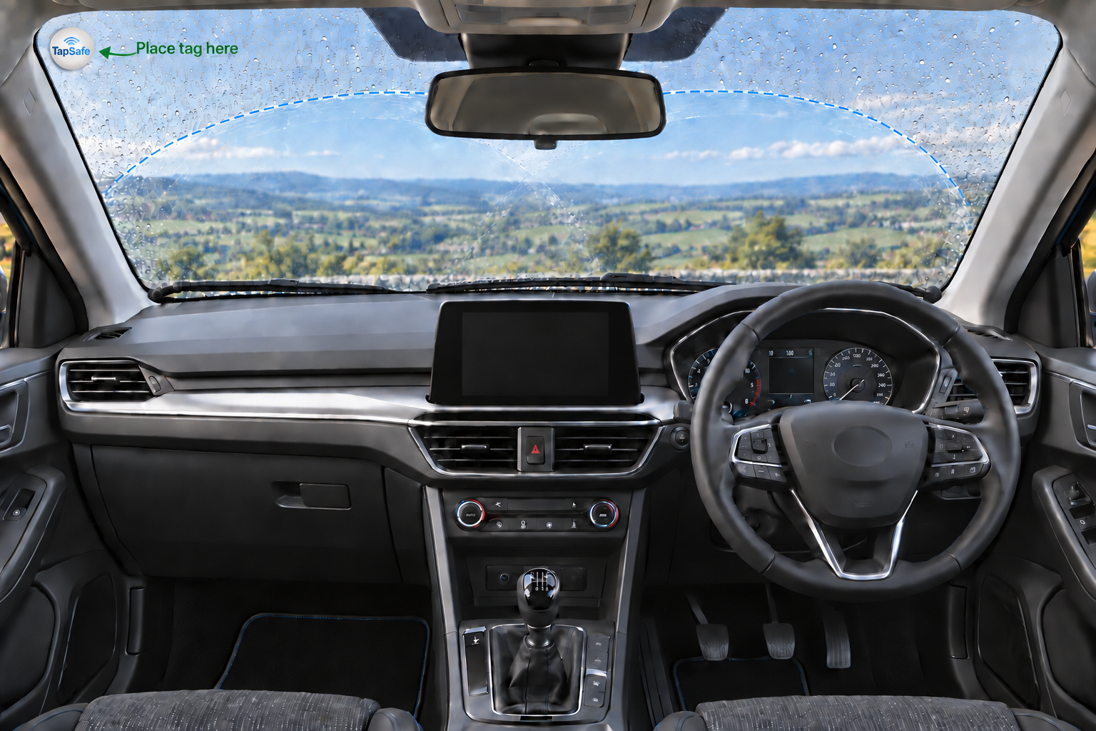 Correct TapSafe tag position in the upper-left windscreen corner outside the wiper-swept area