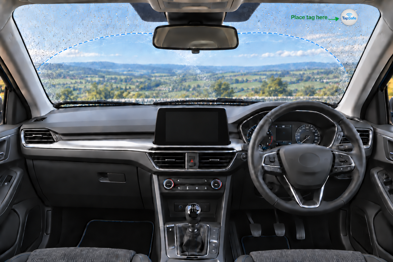Correct TapSafe tag position in the upper-right windscreen corner outside the wiper-swept area