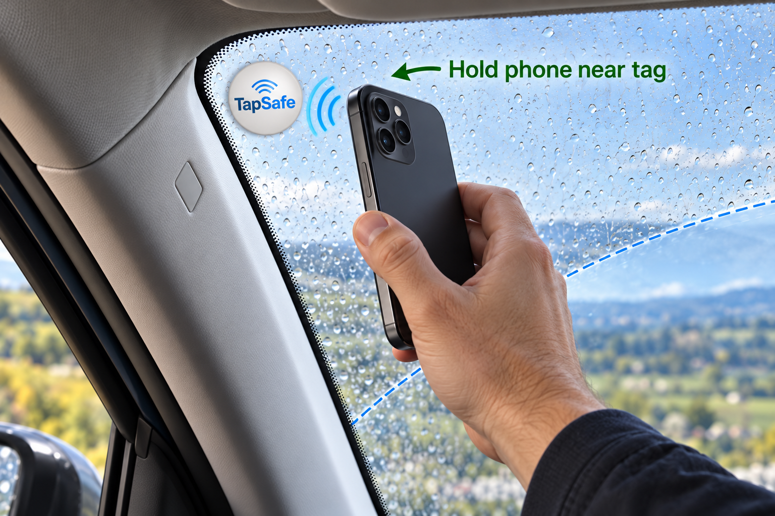 A hand holding a phone close to a correctly fitted TapSafe NFC tag
