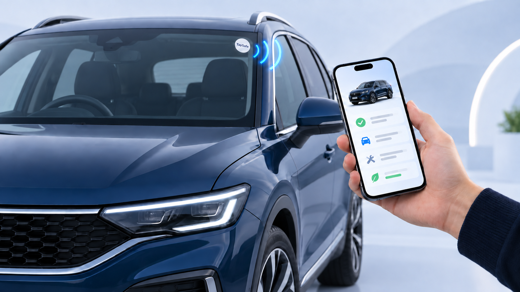 A TapSafe NFC tag on a car windscreen being scanned with a smartphone